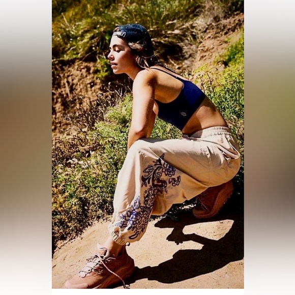 Free People Movement Baller Embroidery Pant Cotton Sheeting Tan Sand Blue - Picture 1 of 7